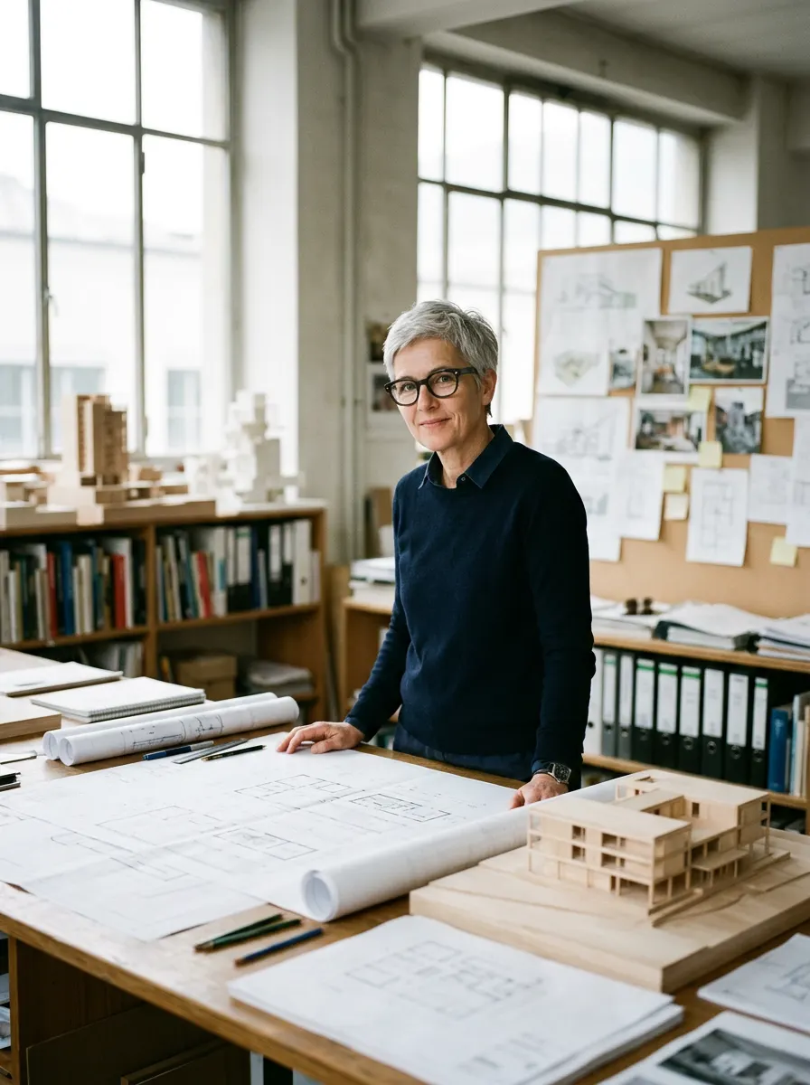 Image générée : une architecte debout devant une table couverte de plans et d'une maquette.