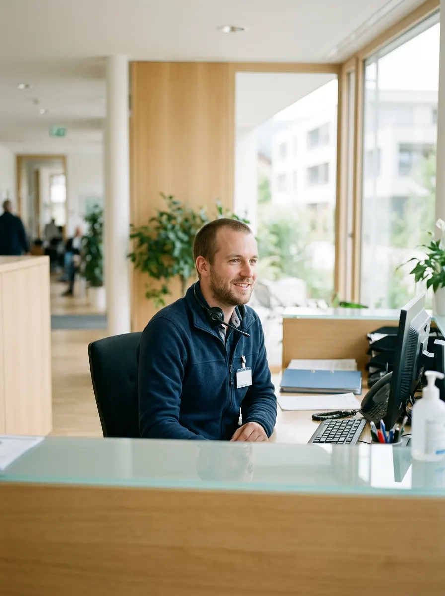 Image générée : un employé de cabinet médical, casque sur les oreilles, souriant derrière son comptoir.
